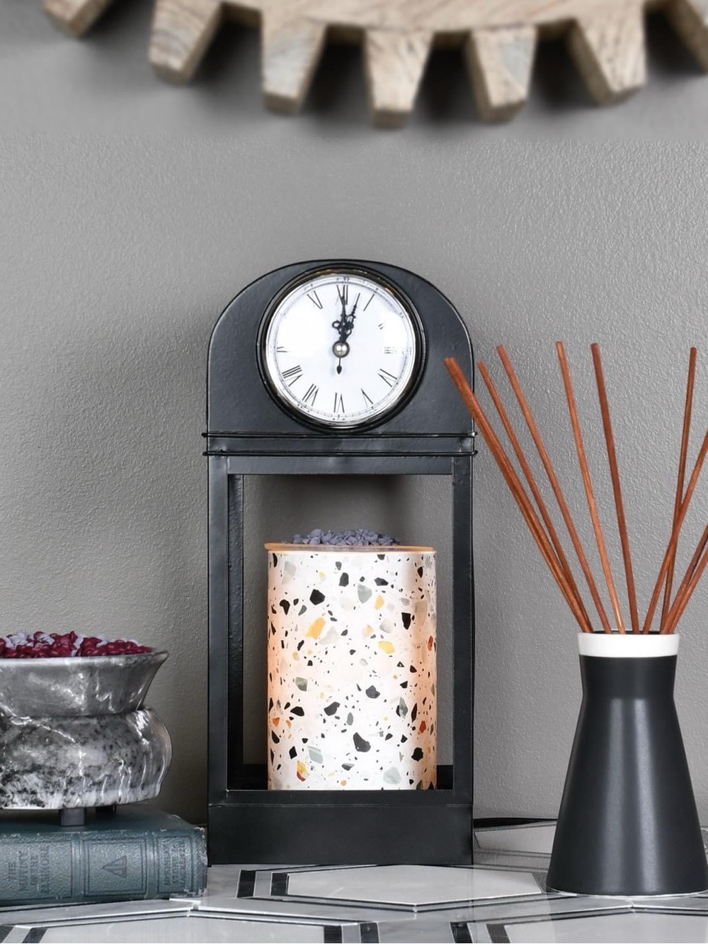 Pink Zebra Black Mantel Clock with Terrazzo Candle Holder